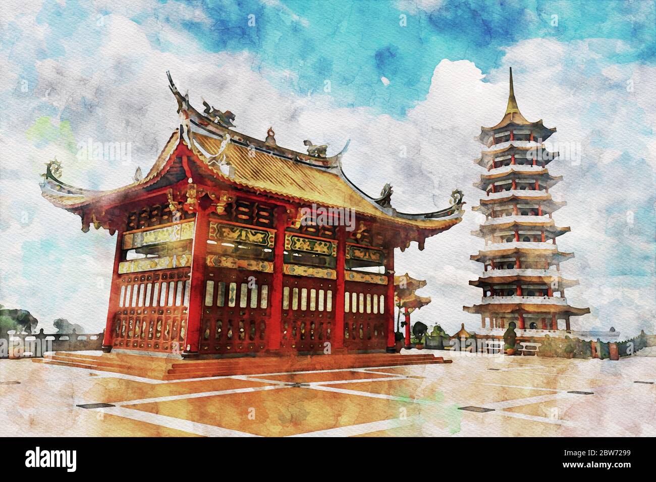 Aquarelle d'une pagode chinoise rouge ou d'un temple à haute montagne sous un ciel nuageux, Cameron Highland, Malaisie Banque D'Images