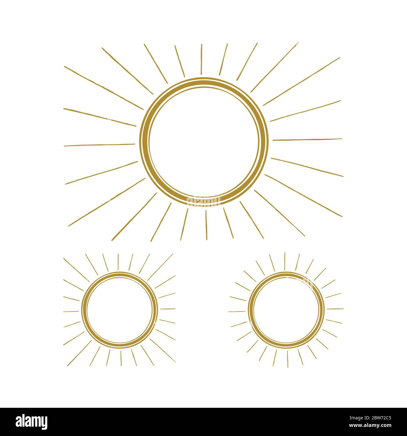 Illustration du vecteur soleil dessiné à la main de Sun. Cadre avec cercle, rayures et rayons. Jeu de dessins à croquis Sun. Illustration de Vecteur