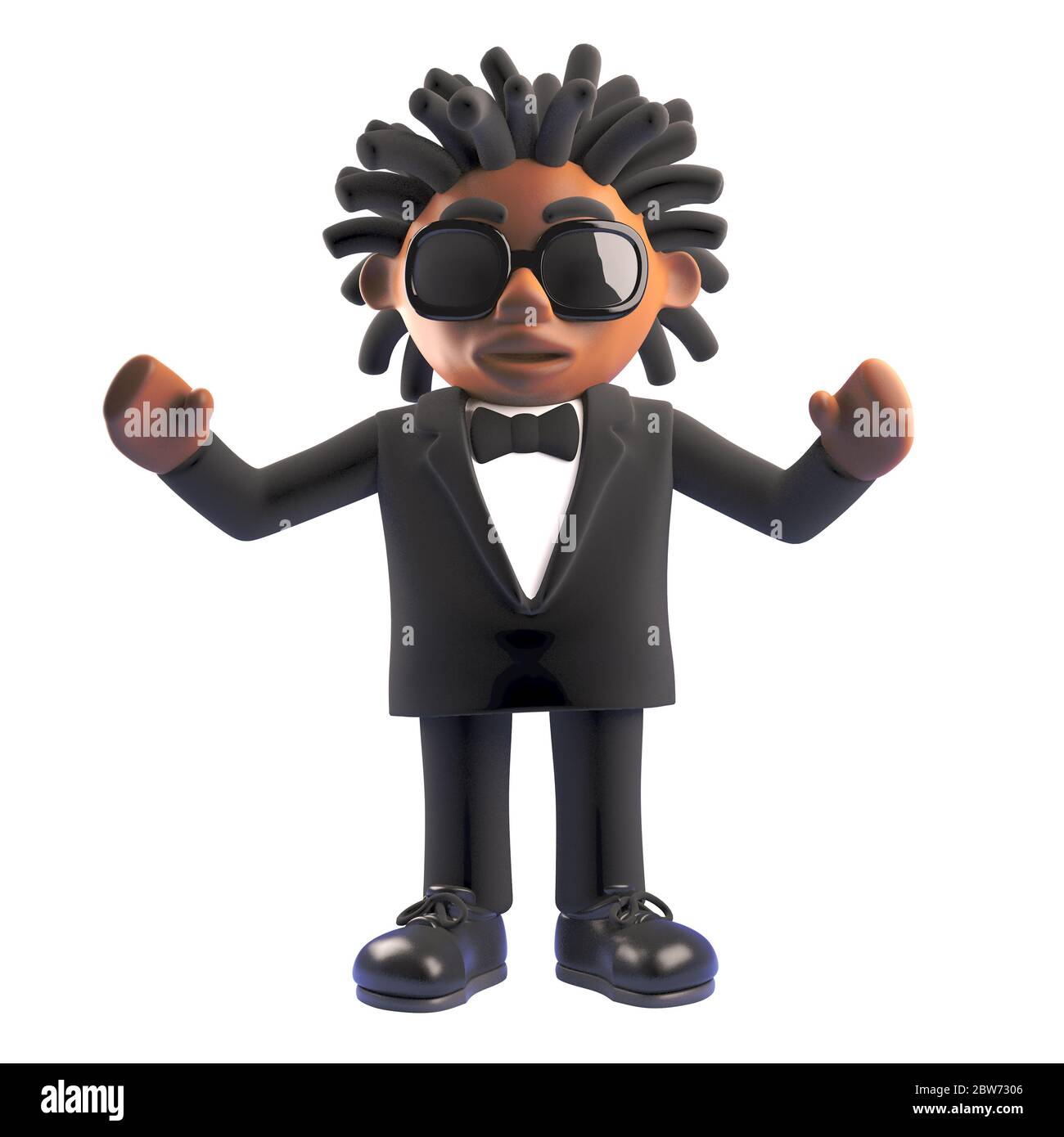 3d chanteur américain africain de divertissement en tuxedo avec les bras dans l'air, illustration 3d Banque D'Images