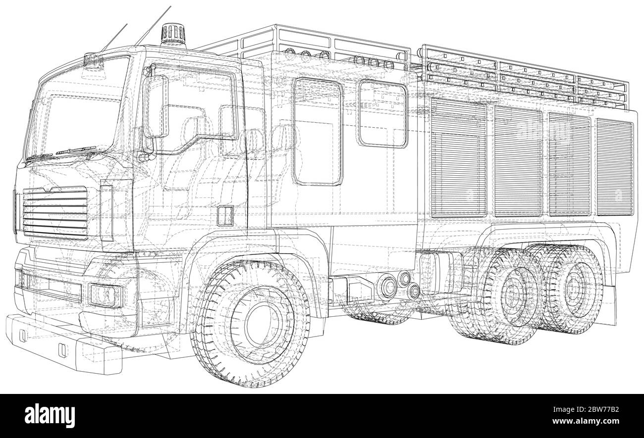 Vecteur de moteur d'incendie. Camion d'incendie. Fil - châssis. Les couches de lignes visibles et invisibles sont séparées. Format EPS10. Illustration de Vecteur