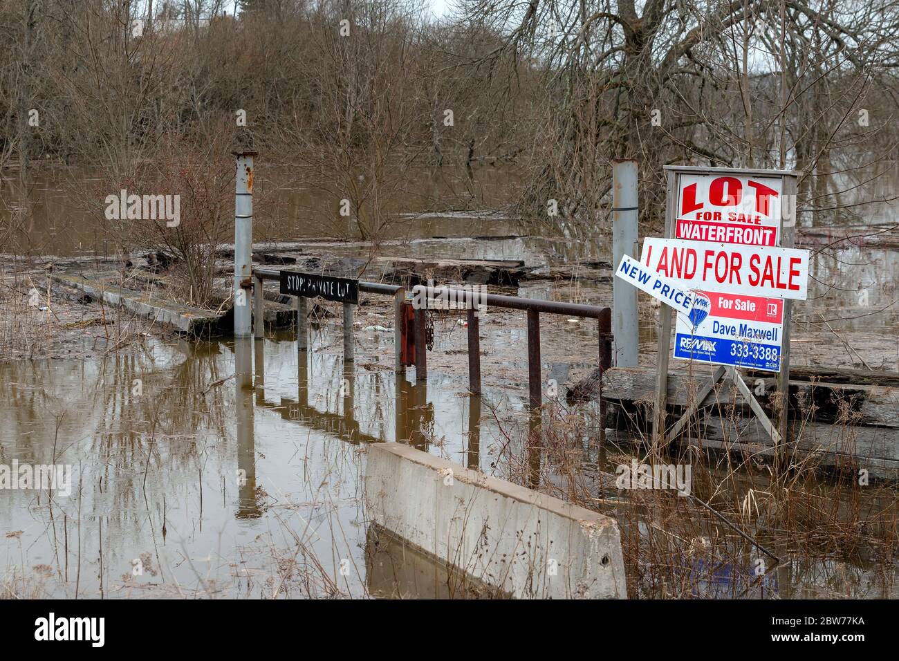 Saint John, Nouveau-Brunswick, Canada - 26 avril 2019 : terres inondées à vendre. Un panneau sur le terrain indique « TERRAIN À VENDRE » et NOUVEAU PRIX ». La terre est principalement Banque D'Images