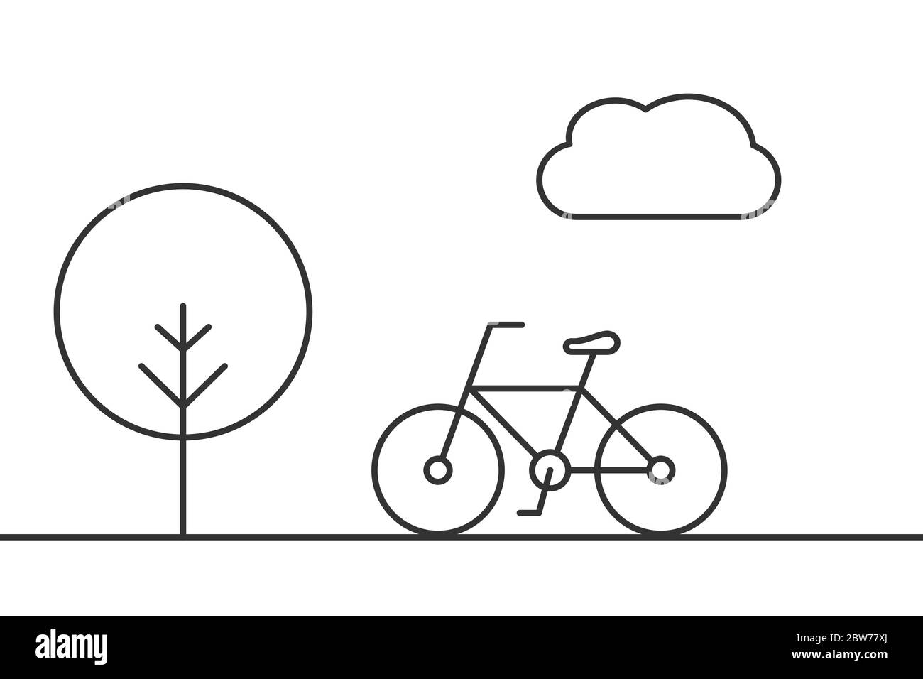 Vélo dans le parc avec arbre et nuage. Icône de la ligne de vélo mignonne. Concept d'activité extérieure. Fitness dans la nature. UI, éléments de conception UX. Contour noir sur blanc Illustration de Vecteur
