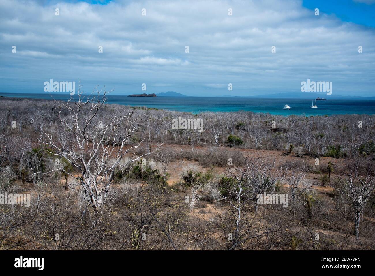 Bateau de croisière Coral 2 au large de la côte de Dragon Hill sur Santa Cruz aux îles Galapagos. Banque D'Images