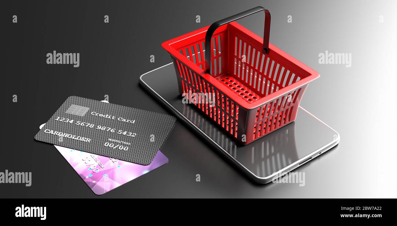 Achats en ligne d'épicerie, concept de paiement, cartes de crédit, panier de supermarché et téléphone mobile isolés sur fond noir. illustration 3d Banque D'Images