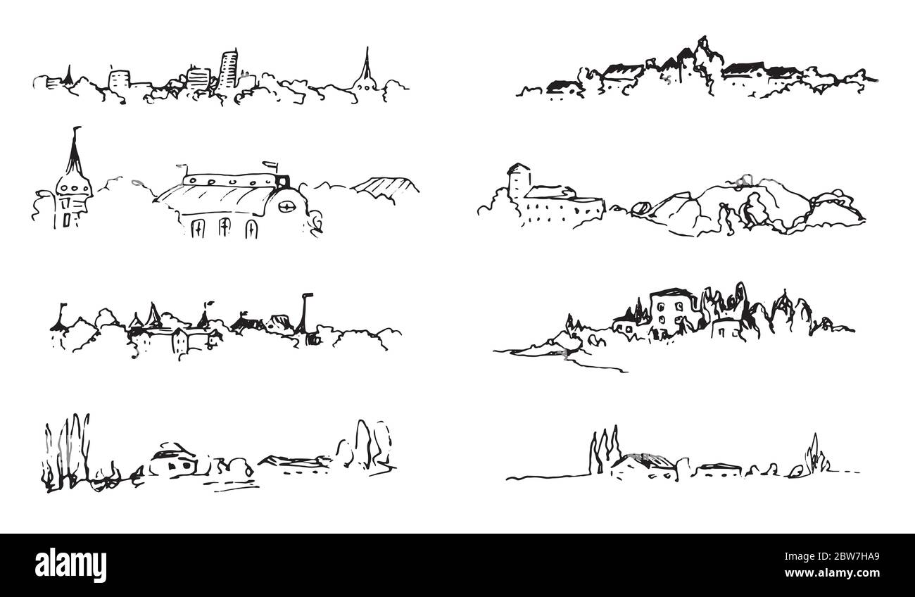 Ensemble d'esquisses à encre paysage. Lieux ruraux, petites maisons. Fermes, vue sur la ville illustrations horizontales. Illustration de Vecteur