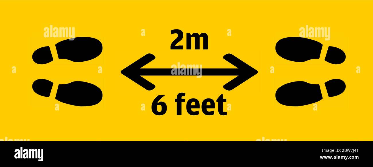 Pieds séparés de 2 mètres ou 6 pieds isolés sur fond jaune. Illustration du vecteur de distance sociale. Illustration de Vecteur