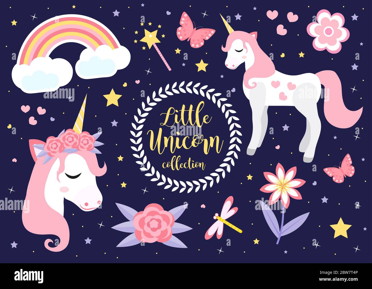 Ensemble de licorne mignon petit, style dessin animé moderne. Collection de contes de fées pour les enfants avec arc-en-ciel, fleurs, étoiles, magie. Illustration vectorielle Illustration de Vecteur