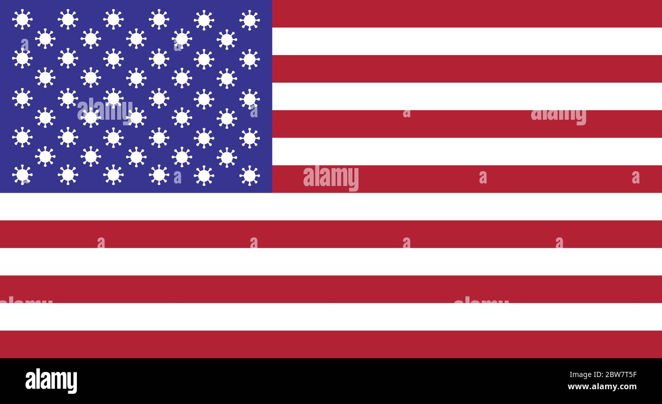 Illustration du drapeau des États-Unis d'Amérique avec des signes de coronavirus au lieu d'étoiles. Illustration de la pandémie Covid-19 aux États-Unis. Banque D'Images