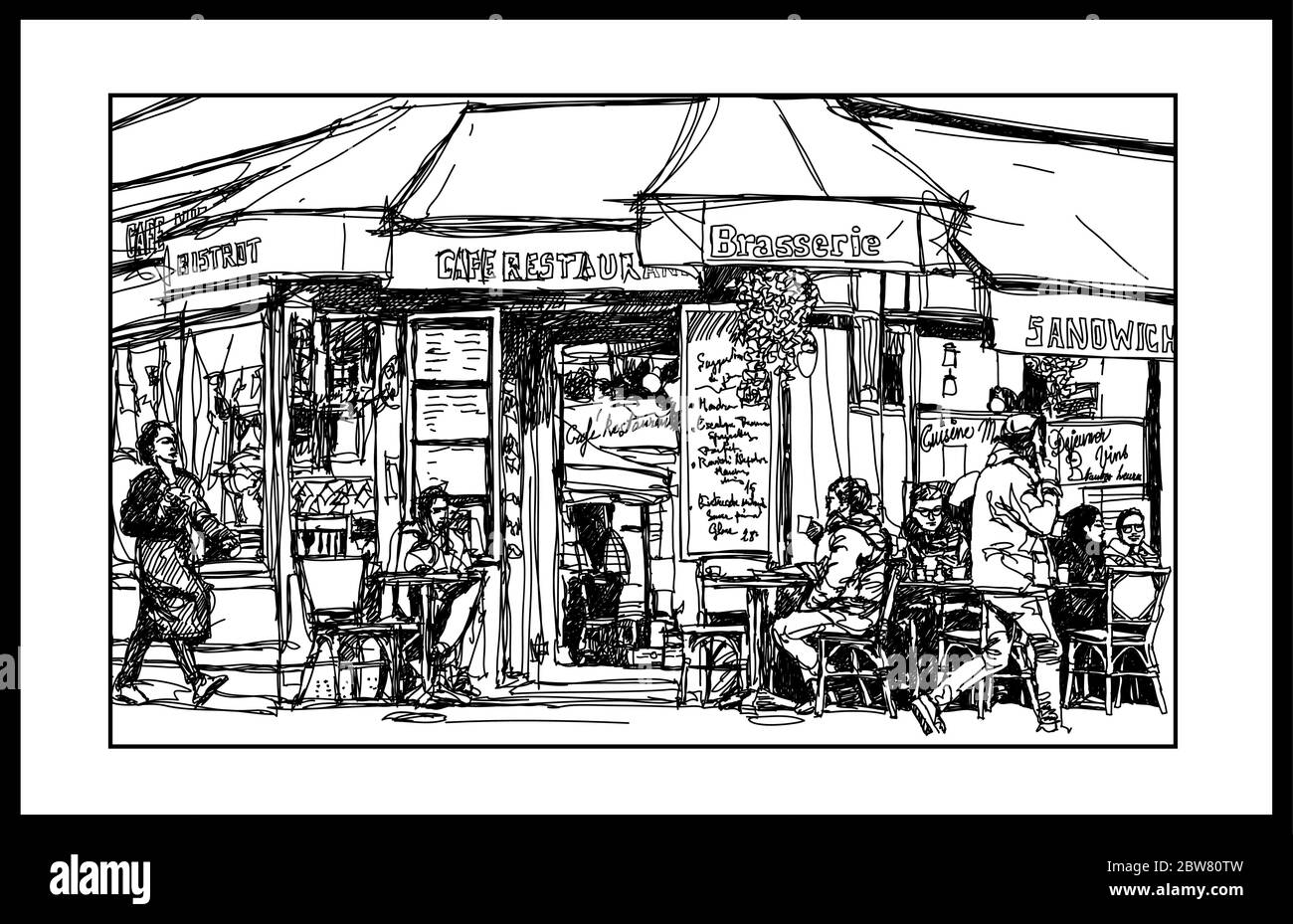 Vieux café à Paris Montmartre - illustration vectorielle (idéal pour l'impression sur tissu ou papier, affiche ou papier peint, décoration de maison) Illustration de Vecteur