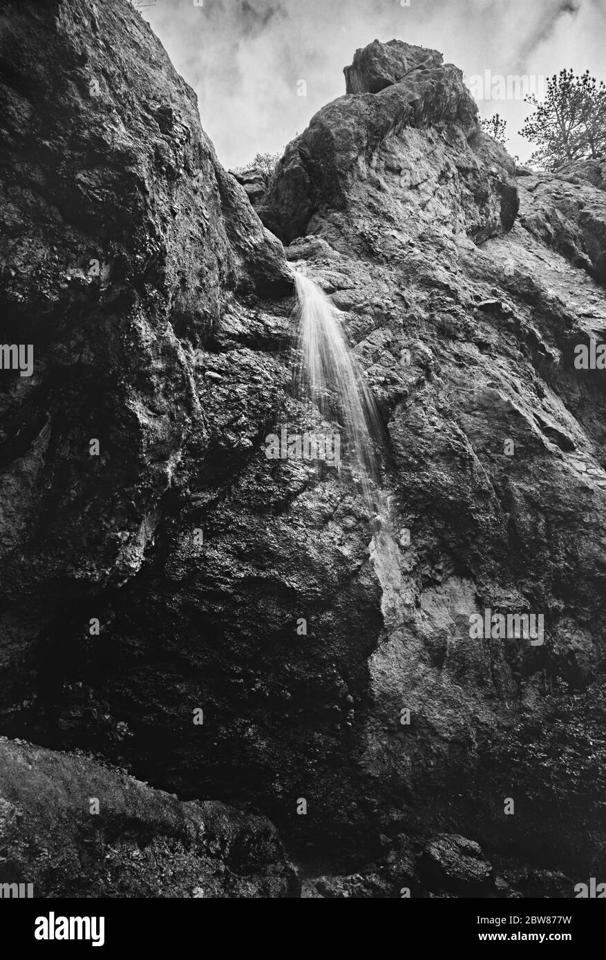 Chute de l'horsetail à Horsetooth Mountain près de fort Collins, Colorado, photographié sur LE FILM 4X5 RPX 25 en noir et blanc Banque D'Images