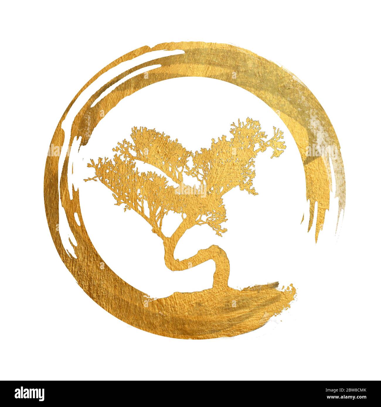 Bonsai Tree, Enso Circle, Feng Shui Symbol, art asiatique Calligraphie, japonais / chinois - copie, texte, espace corps - arrière-plan isolé Banque D'Images