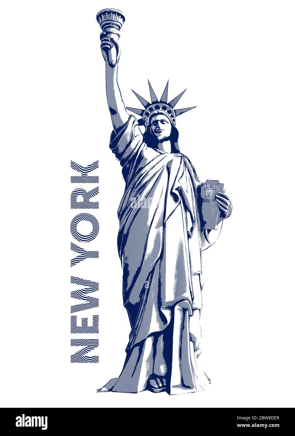 Liberty statue, New York, Manhattan, USA, Amérique - Illustration, bleu, graphique en ligne - arrière-plan isolé blanc / copie, corps, espace de texte Banque D'Images
