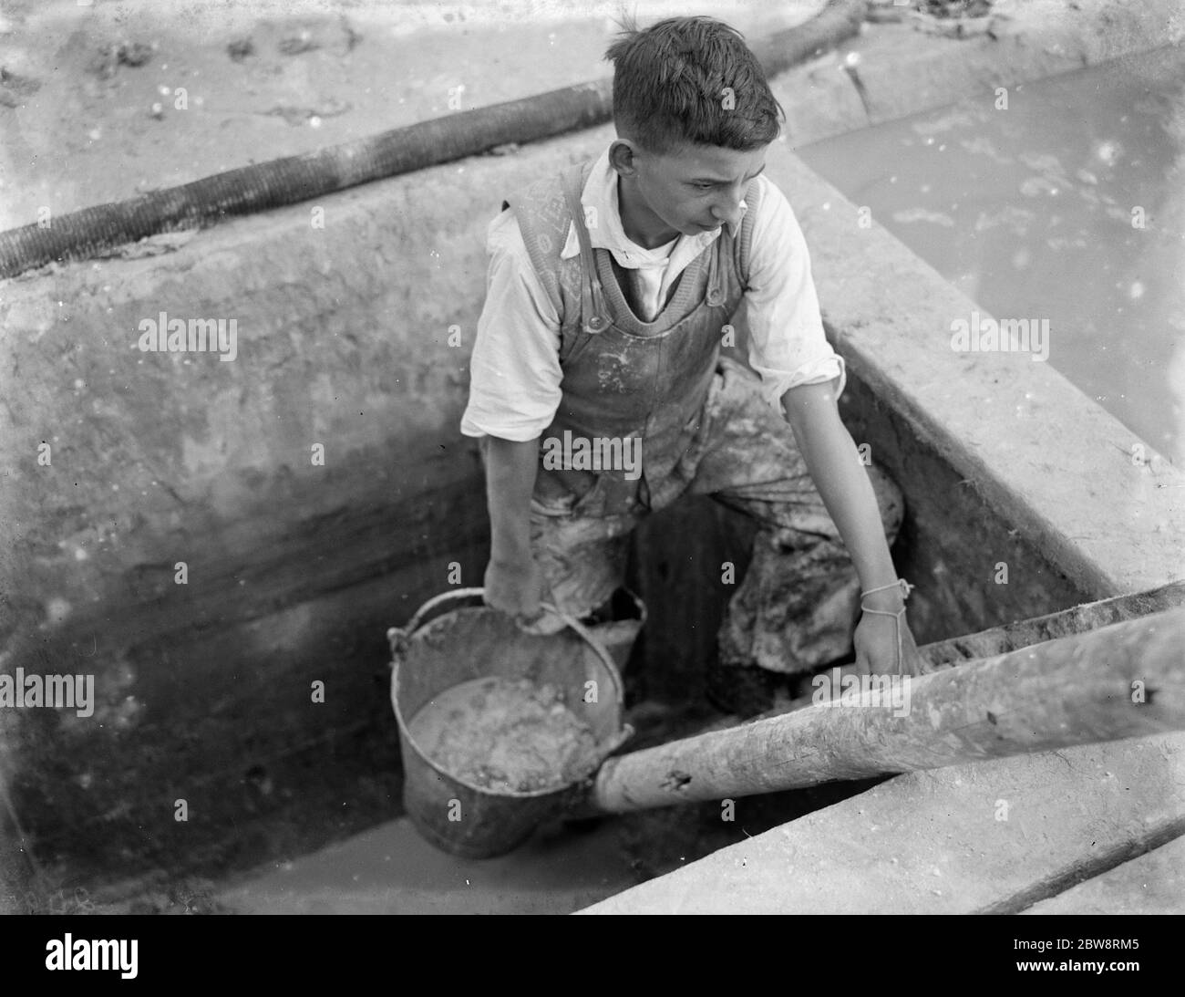 Un jeune garçon nettoyant les fosses à la Vellum travaille . 1935 Banque D'Images