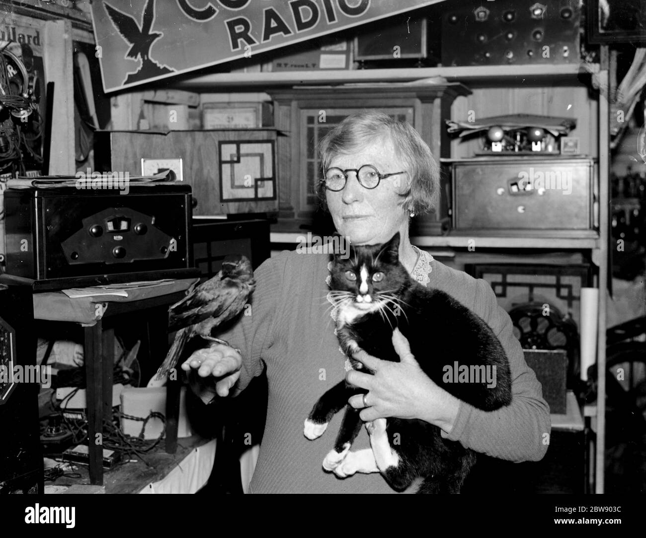Une femme tenant un Jack daw et un chat tamé à Footscray , Kent . 1937 Banque D'Images