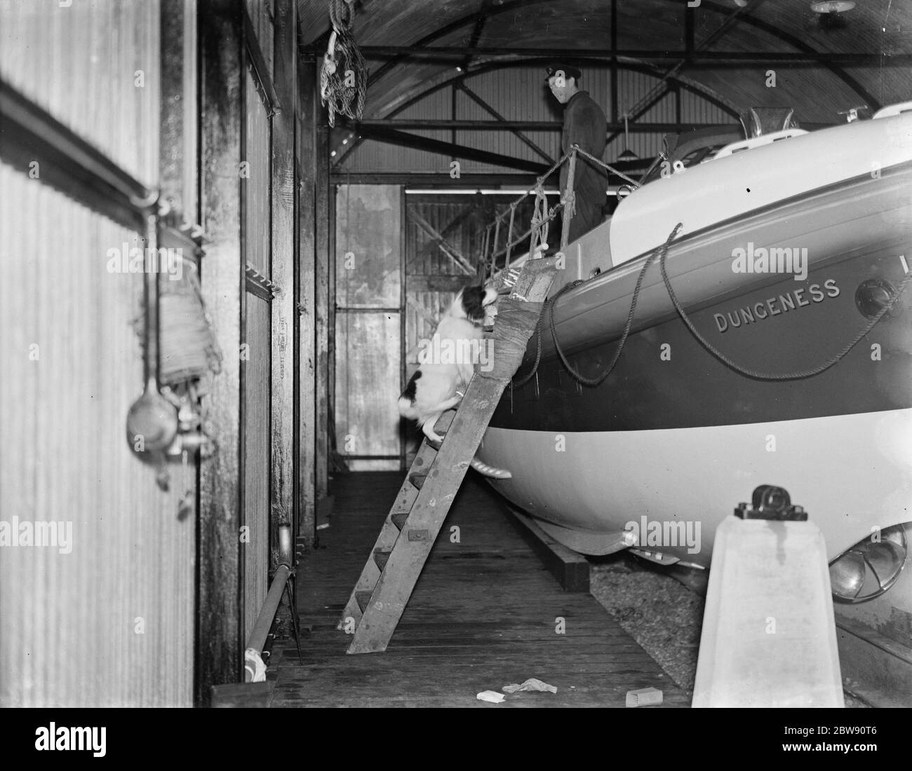 Un marin et un épagneul cocker à bord d'un bateau de la vie Dungeness dans le Kent . 1939 Banque D'Images