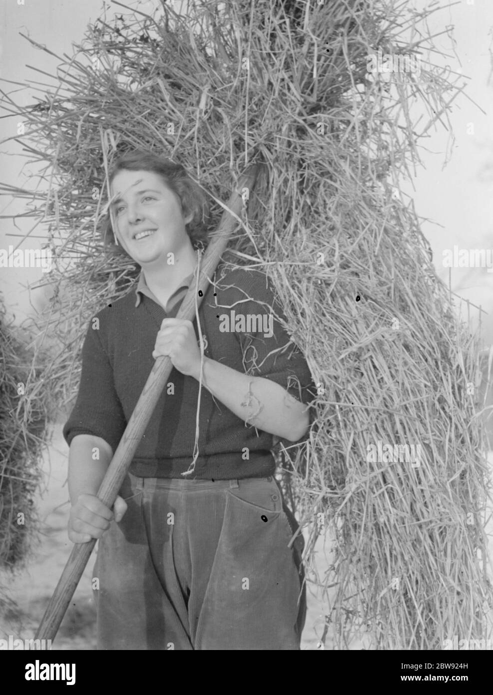 Fille de terre travaillant sur une ferme , en utilisant une fourche pour transporter le foin . 1939 Banque D'Images