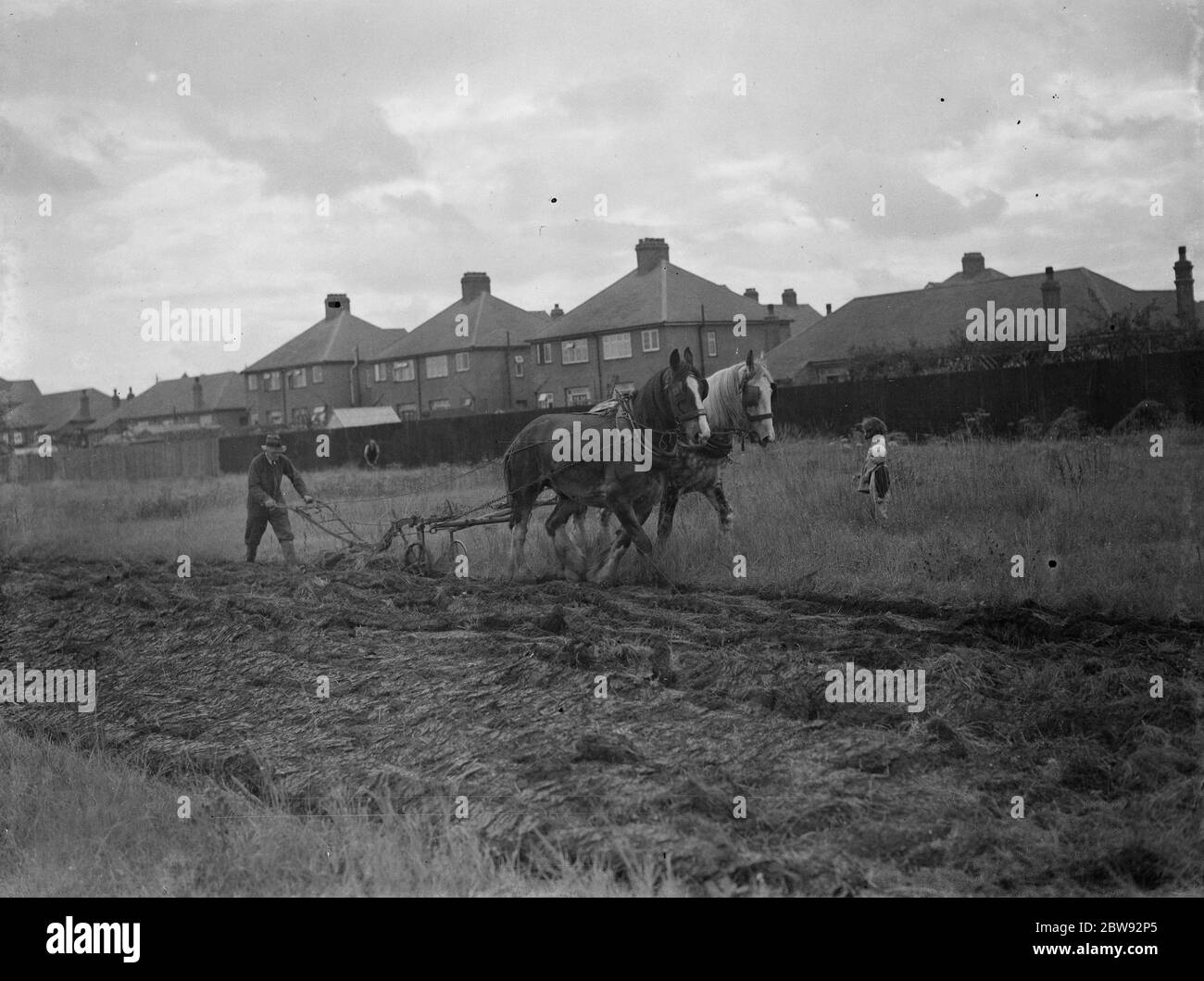 Les enfants regardent un fermier et son équipe de chevaux labourer un champ à New Eltham , Londres . 1939 . Banque D'Images
