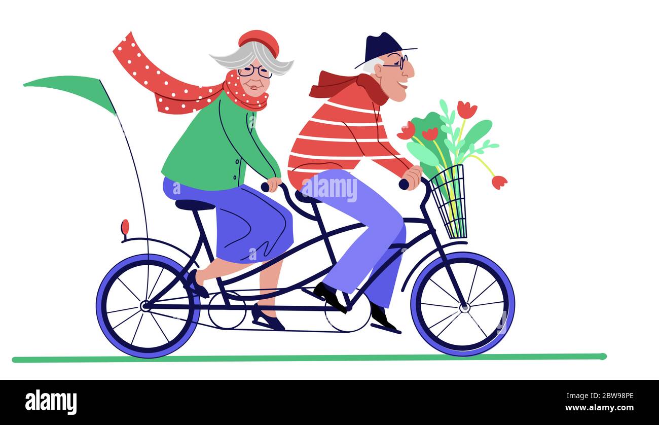 Un vieux couple actif qui fait du vélo en tandem. Un mode de vie sain, un  homme et une femme qui font du sport. Illustration vectorielle à plat de  dessin animé Image