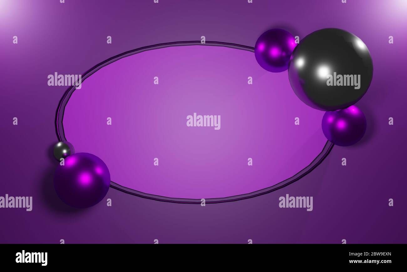 Arrière-plan violet brillant avec rendu 3D d'anneaux et de boules métalliques brillants ou de boules autour de l'espace de copie vierge avec de la place pour le texte. Banque D'Images