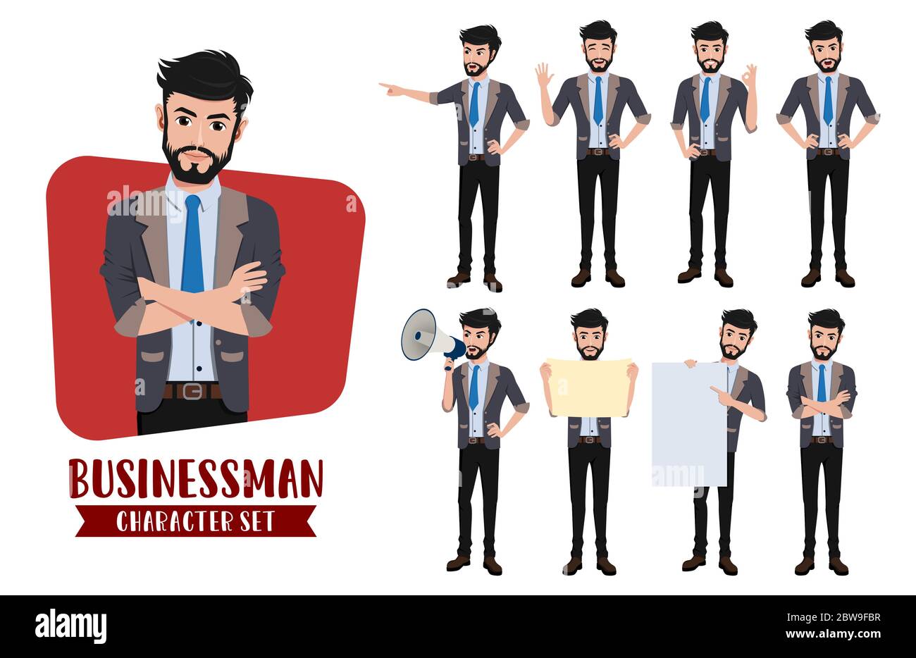 Jeu de vecteurs de caractères homme d'affaires. Homme d'affaires personnage employé de bureau dans différentes posture et gestes comme l'annonce, la présentation et la debout. Illustration de Vecteur