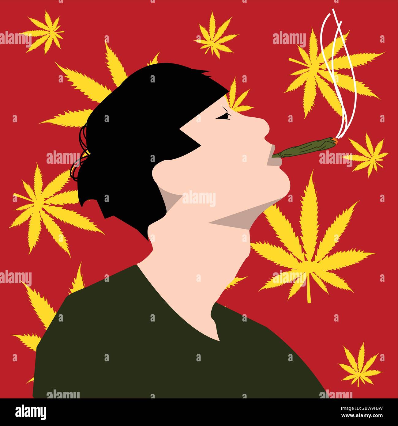 Un homme fume le chanvre contre le fond des feuilles de chanvre. Illustration de Vecteur