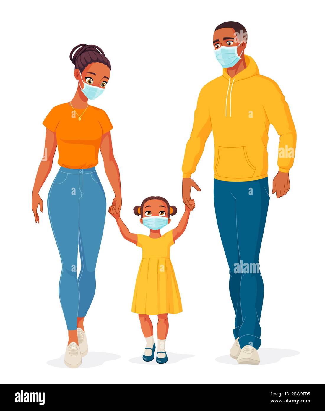 Famille afro-américaine portant des masques pour protéger de Covid-19. Illustration vectorielle. Illustration de Vecteur