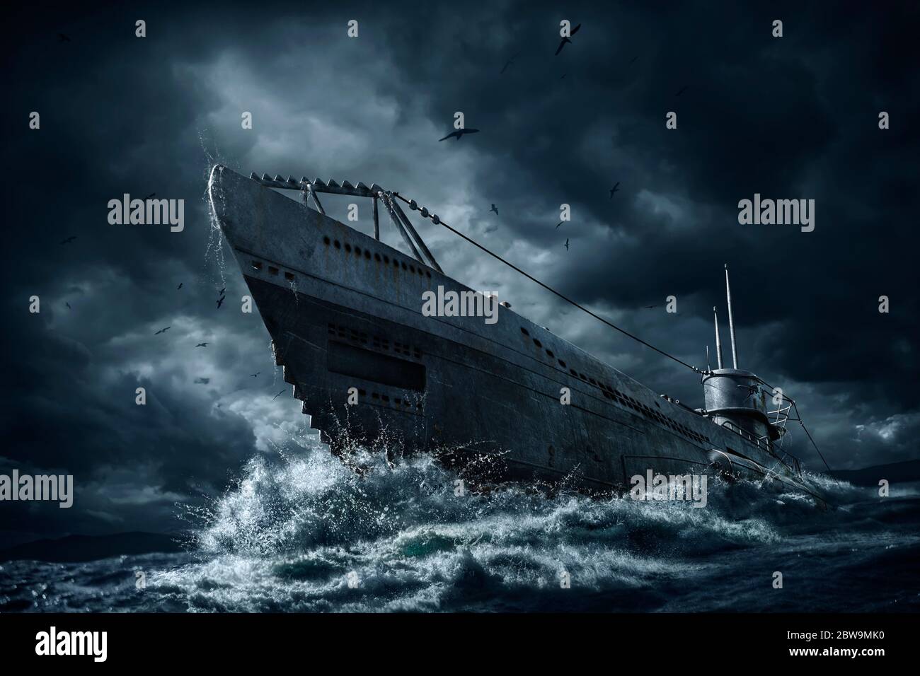 Sous-marin dans la mer de tempête Banque D'Images