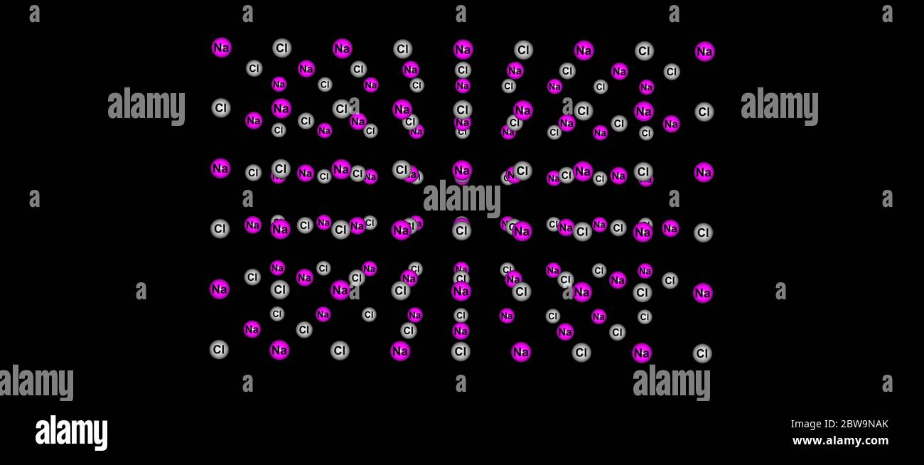 Le chlorure de sodium est un composé ionique dont la formule chimique est NaCl, qui représente un rapport de 1 à 1 des ions sodium et chlorure. illustration 3d Banque D'Images