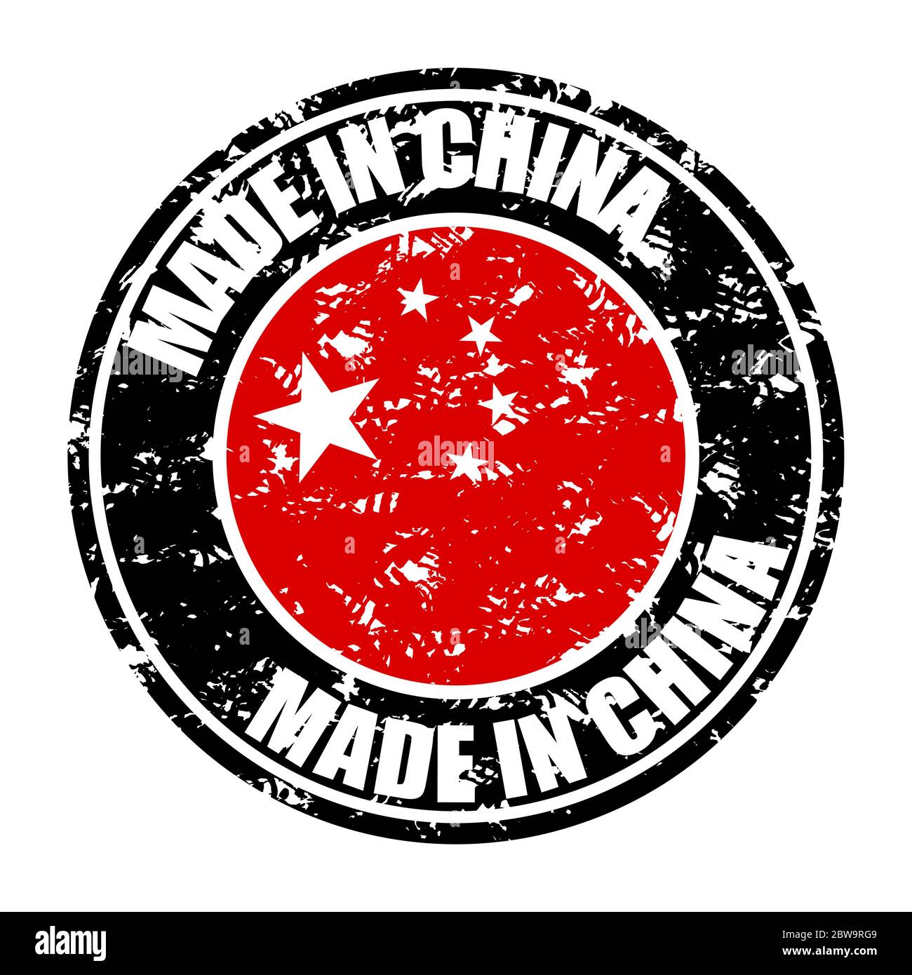 Fabriqué en tampon de caoutchouc de chine avec drapeau rouge. Joint en caoutchouc fabriqué, fabriqué en timbre de texture de chine, production et industrie chinoises, illustration vectorielle. Manu Illustration de Vecteur