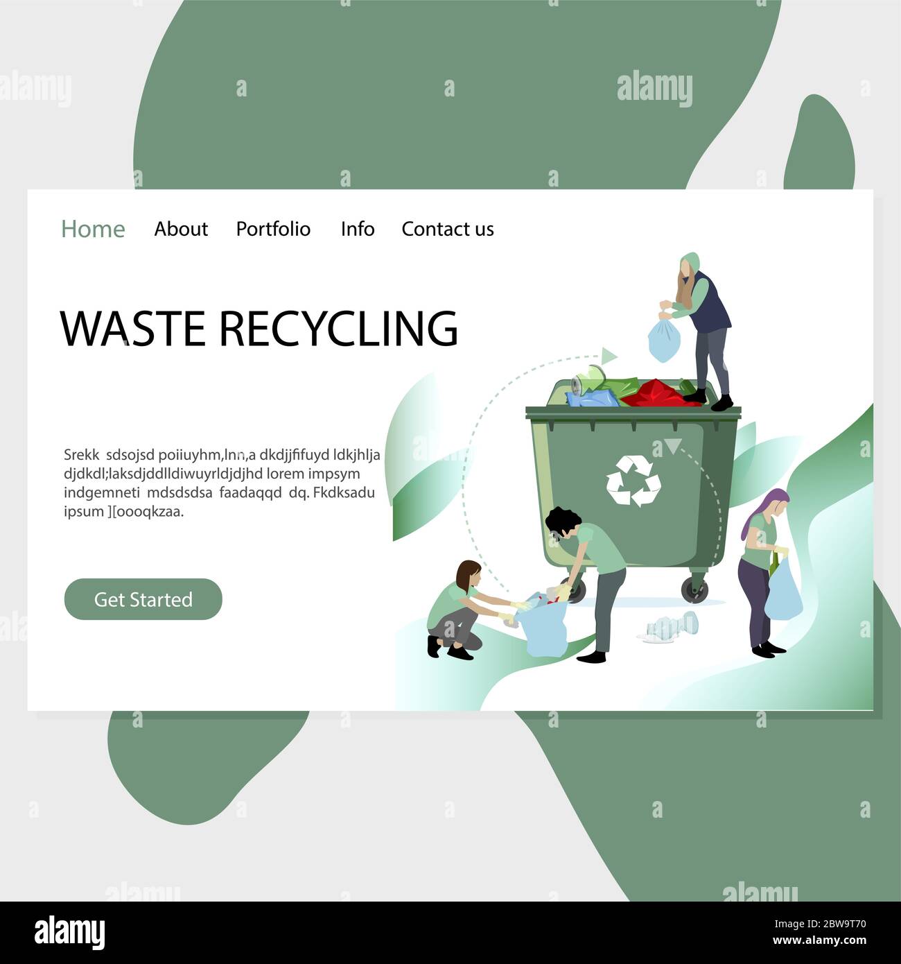 Page d'arrivée du recyclage des déchets, les gens ramassent les déchets et les ramassent dans le bac. Illustration du site Web de mise en décharge des déchets de recyclage Vector Illustration de Vecteur