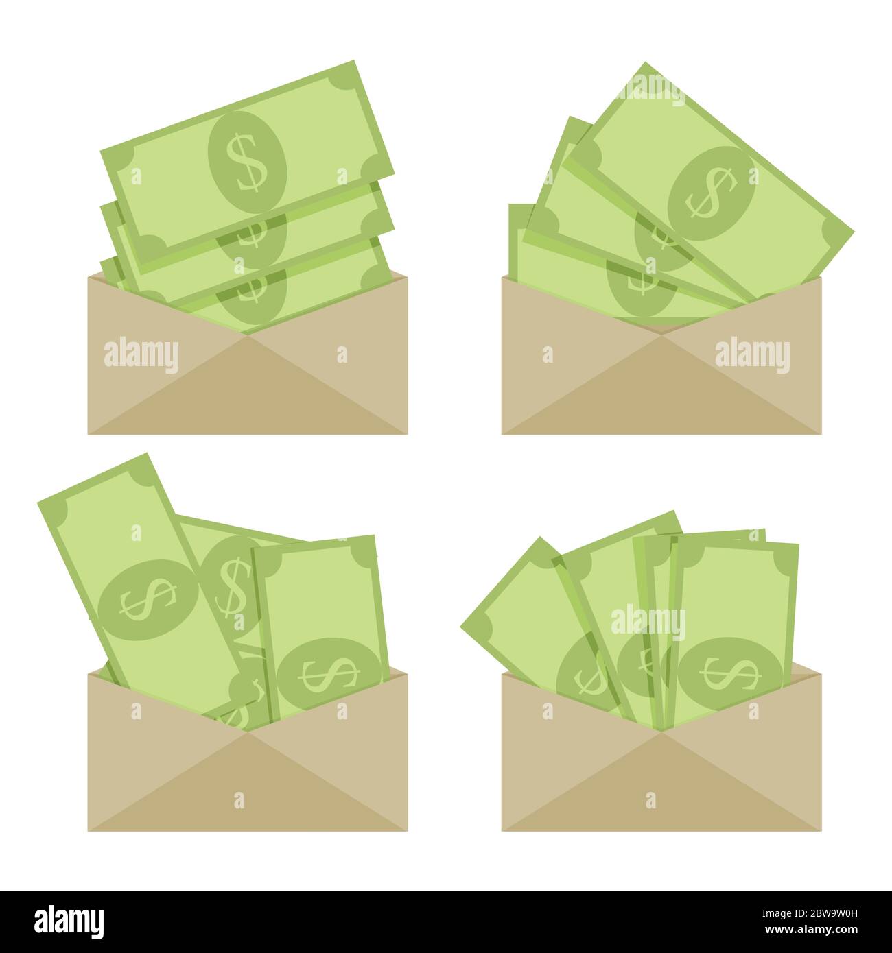 Billet vert dans une enveloppe papier, un salaire ou un pot-de-vin. Billets de banque en espèces, corruption ou paiement de facture de financement, devise bancaire, paiement ou revenu, envoyer de l'argent. Illustration de Vecteur