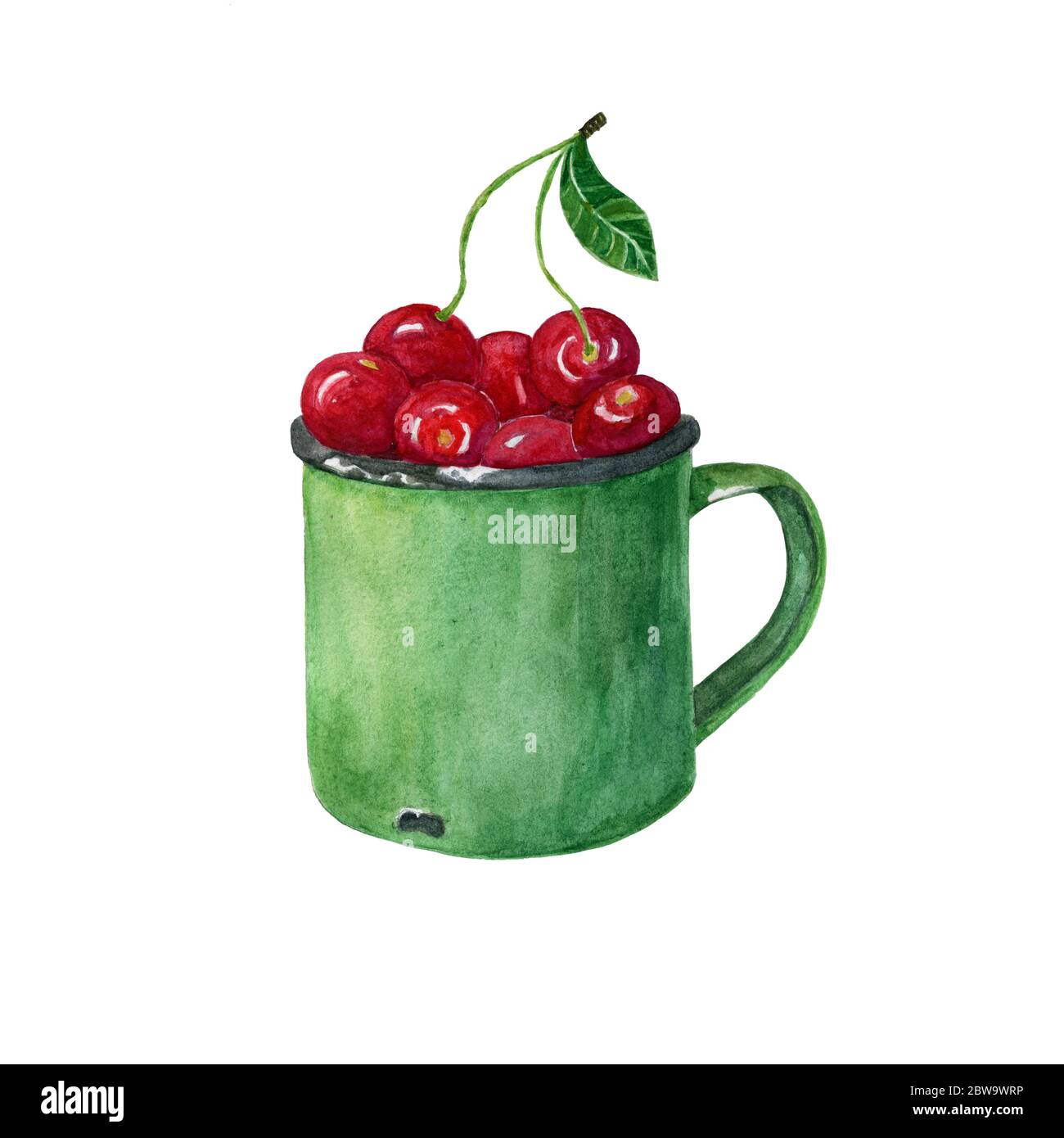 dessin abstrait aquarelle image de l'ancien mug en métal vert avec cerise rouge mûre isolée sur blanc Banque D'Images