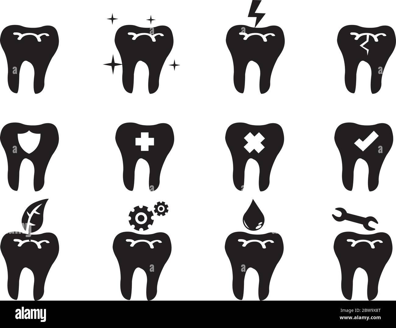 Ensemble de symboles conceptuels sur dent isolée sur fond blanc pour les soins dentaires et buccaux. Illustration de Vecteur