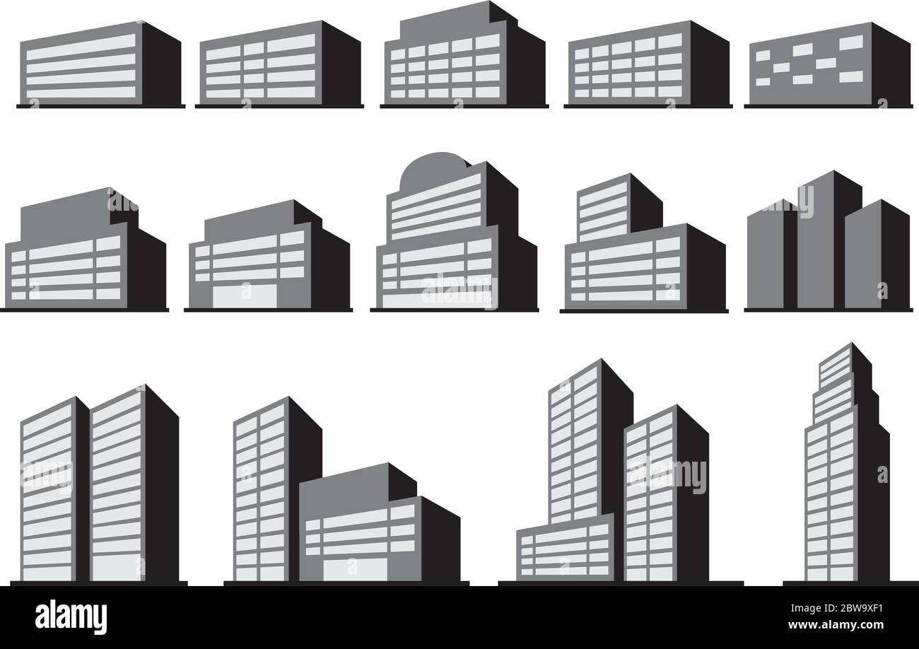 Illustration vectorielle de blocs de construction de bureau ou commerciaux en gris monochrome isolés sur fond blanc. Illustration de Vecteur