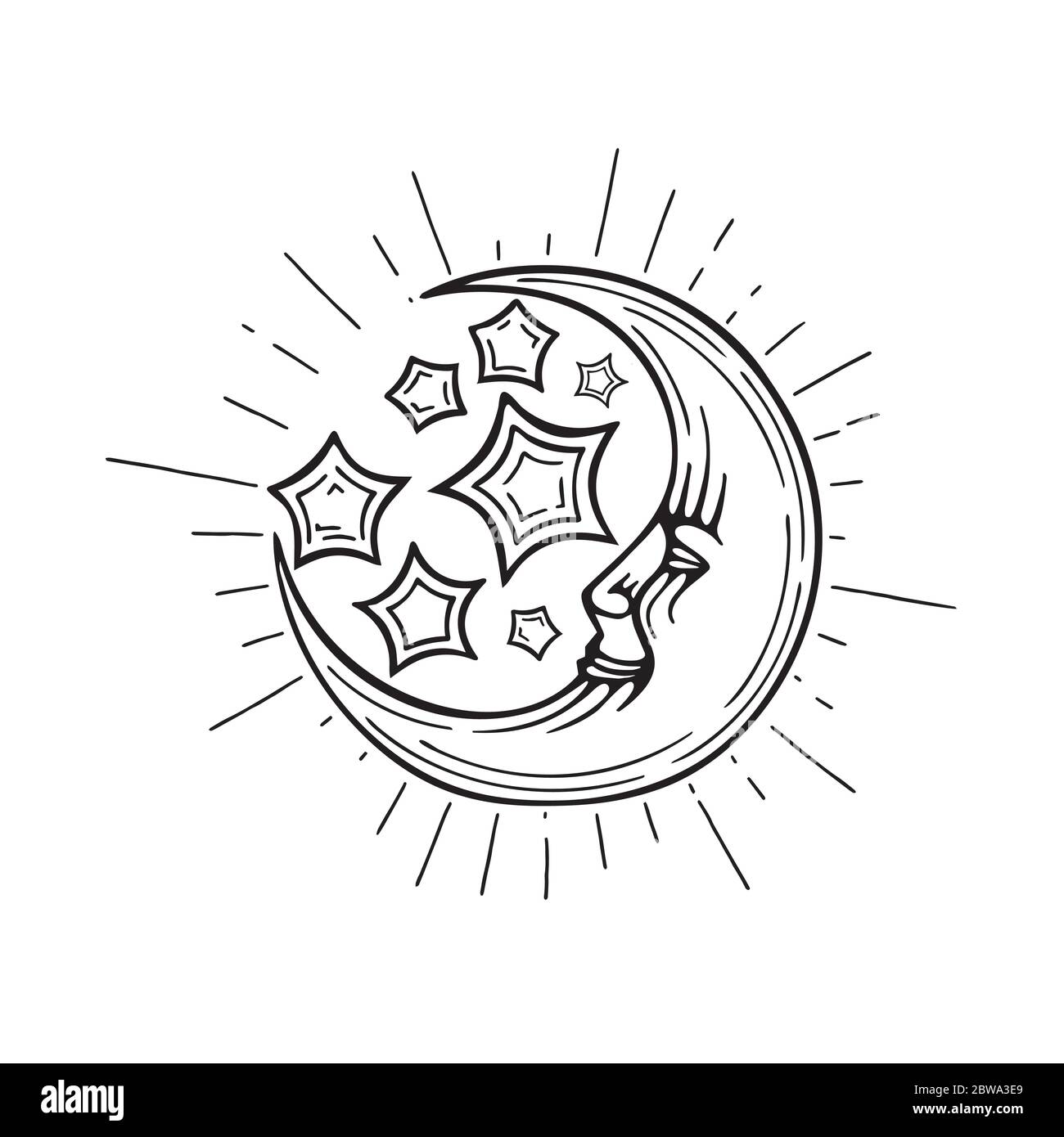 Lune et étoiles. Illustration de vecteur Moonshine et étoiles dessinées à la main. Concept de symbole de nuit. Illustration de Vecteur