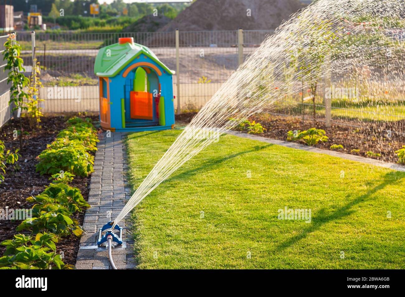 Jardinage - système d'arrosage automatique pour une nouvelle pelouse fraîche Banque D'Images