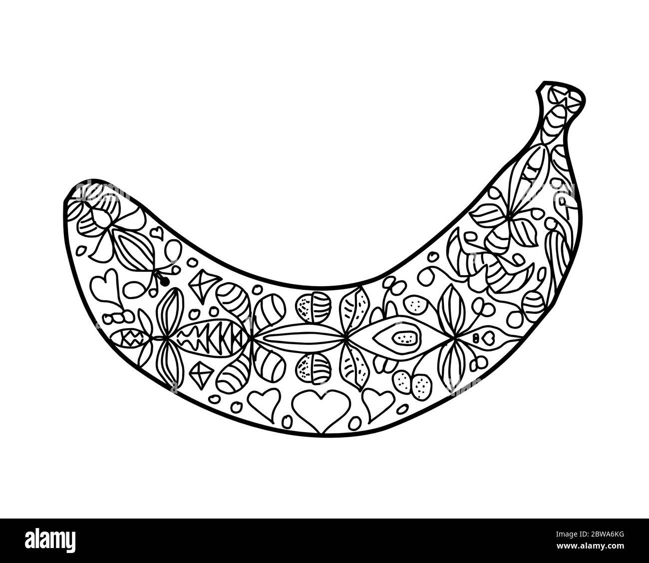 Une banane avec un ornement floral symétrique abstrait de coeur coloriage page sur un fond blanc Illustration de Vecteur