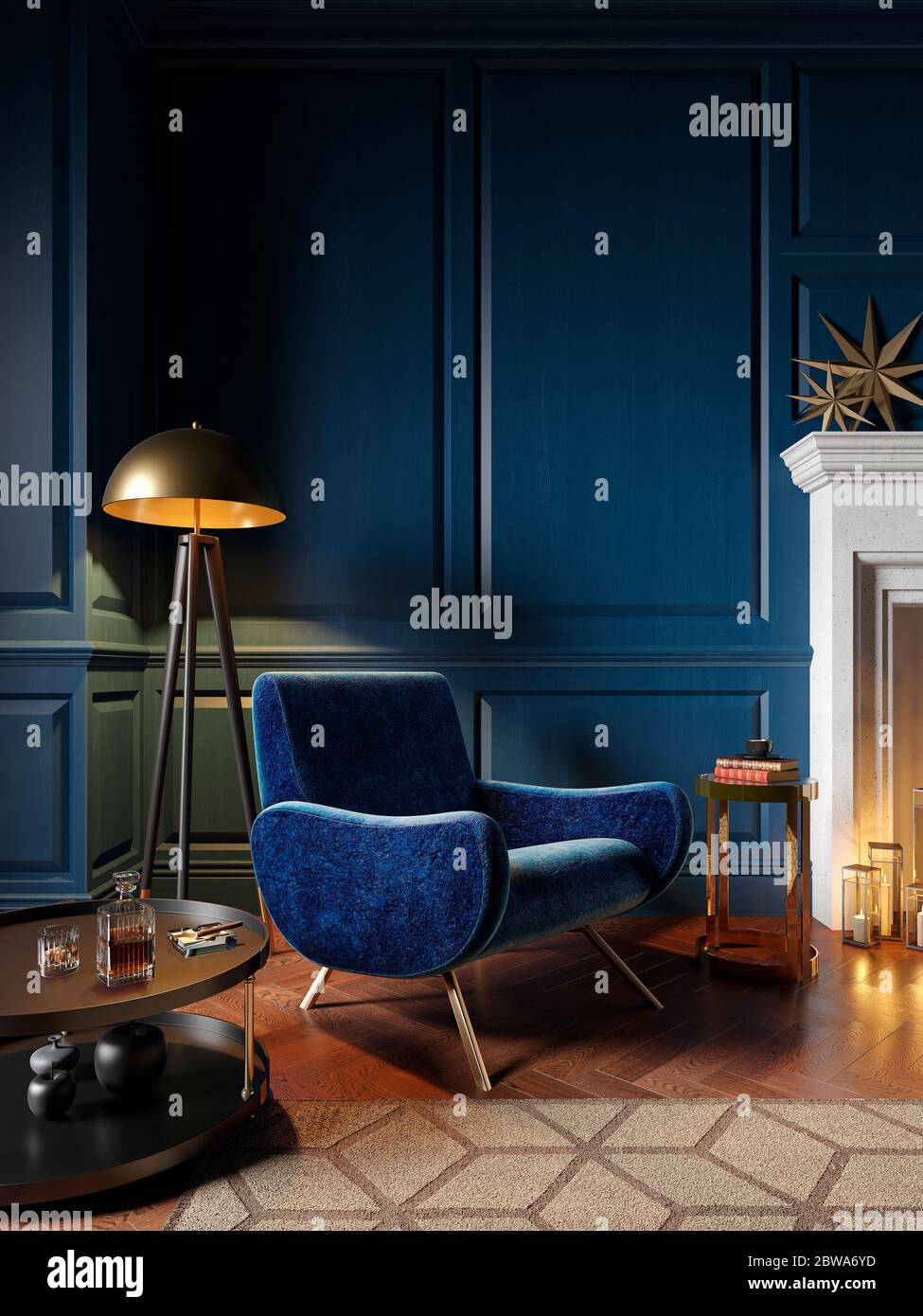 Intérieur classique de couleur bleu roi avec fauteuil, cheminée, bougie, lampadaire, moquette. maquette d'illustration de rendu 3d. Banque D'Images
