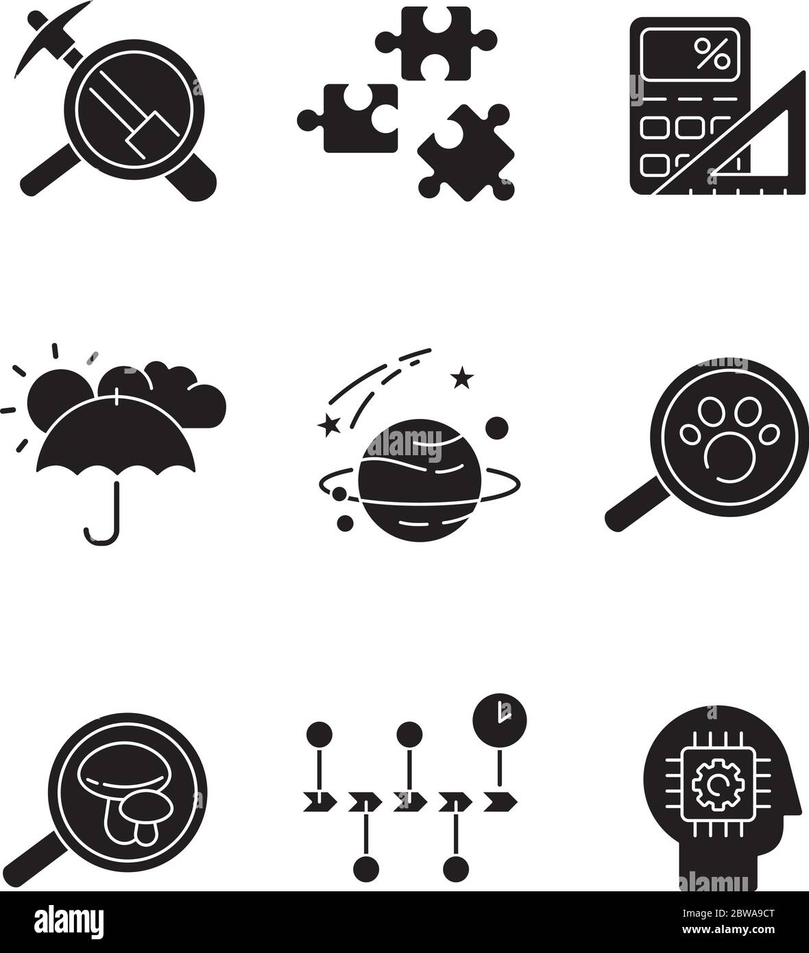 Les icônes de glyphe noir des champs scientifiques sont placées sur un espace blanc Illustration de Vecteur