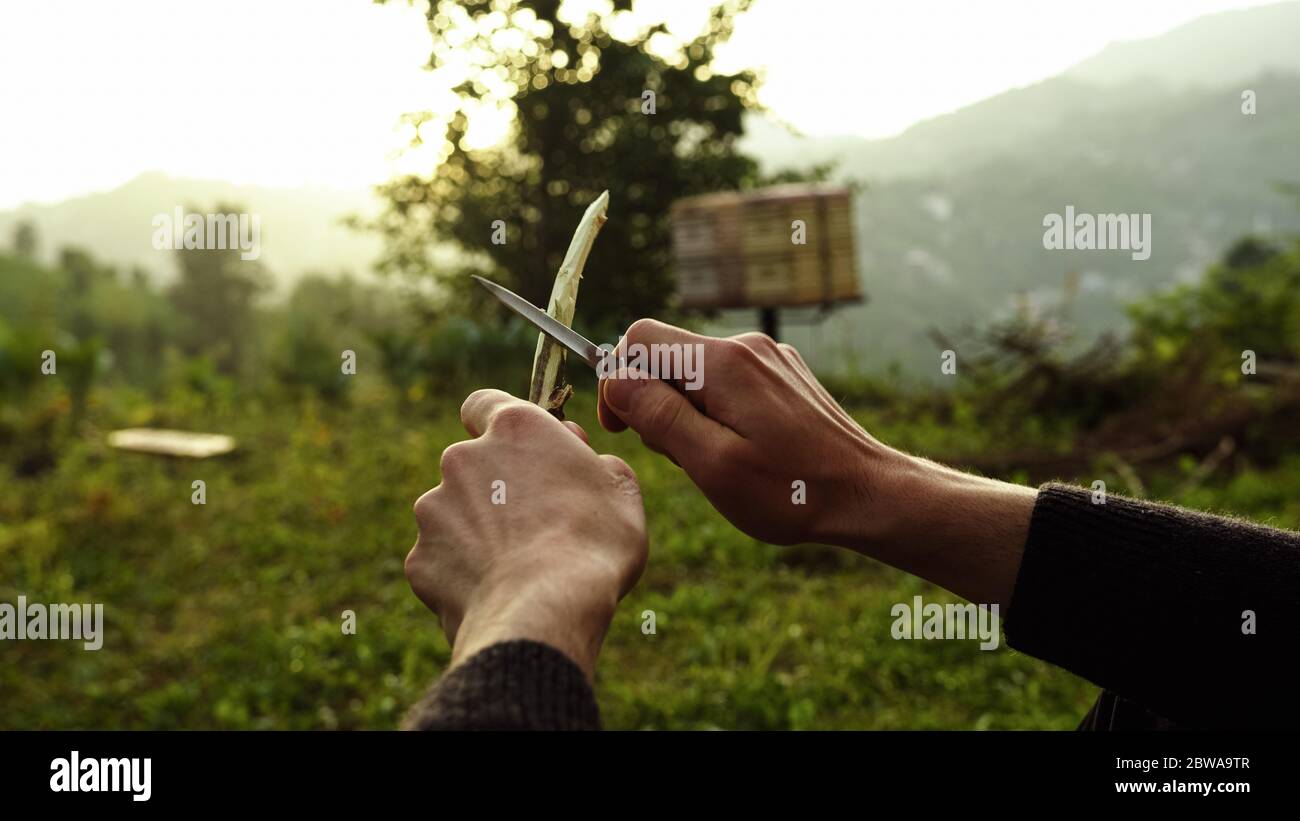 Jeune homme épluchant le bâton avec couteau gros plan Banque D'Images
