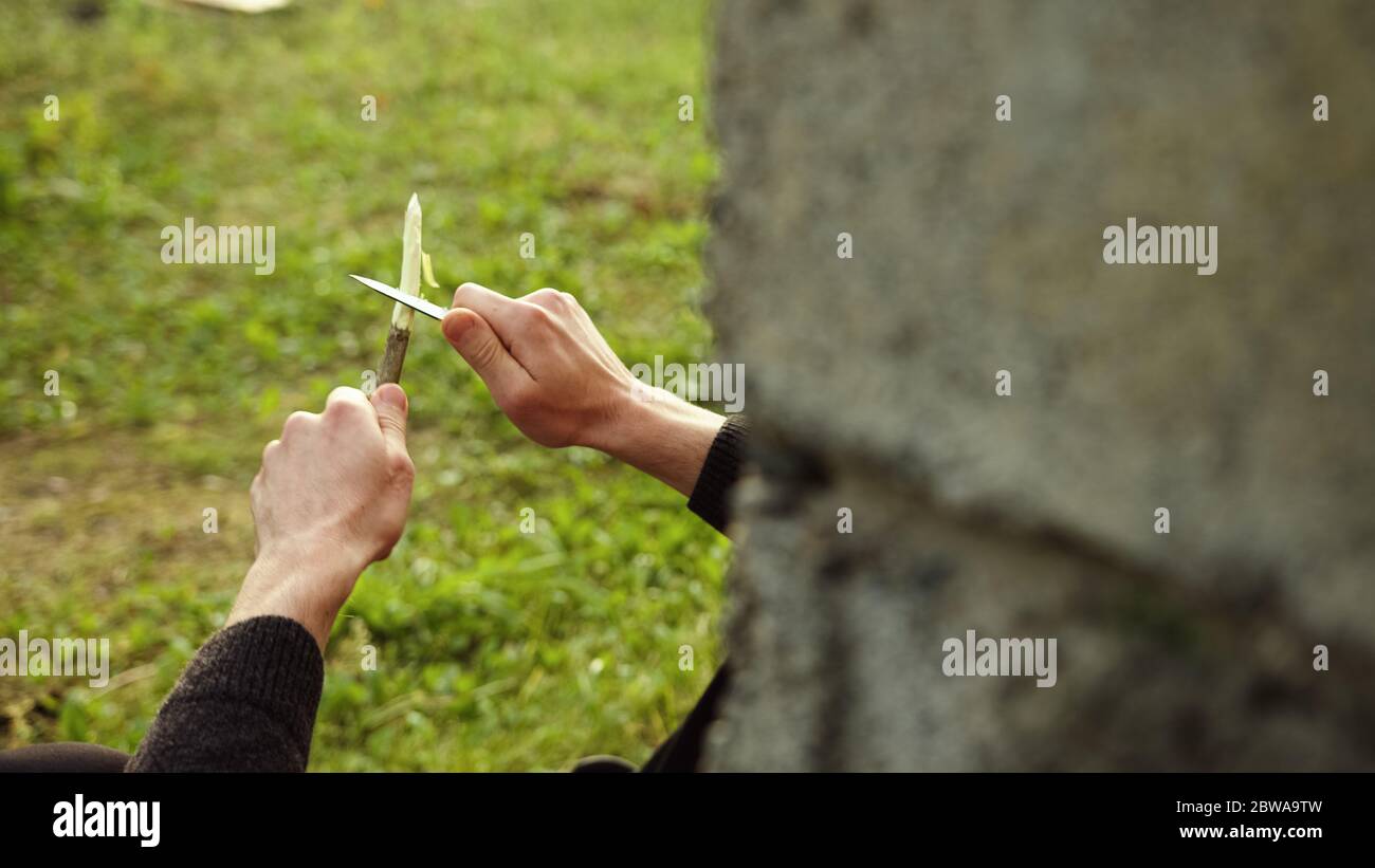 Bâton peeling jeune avec couteau Banque D'Images