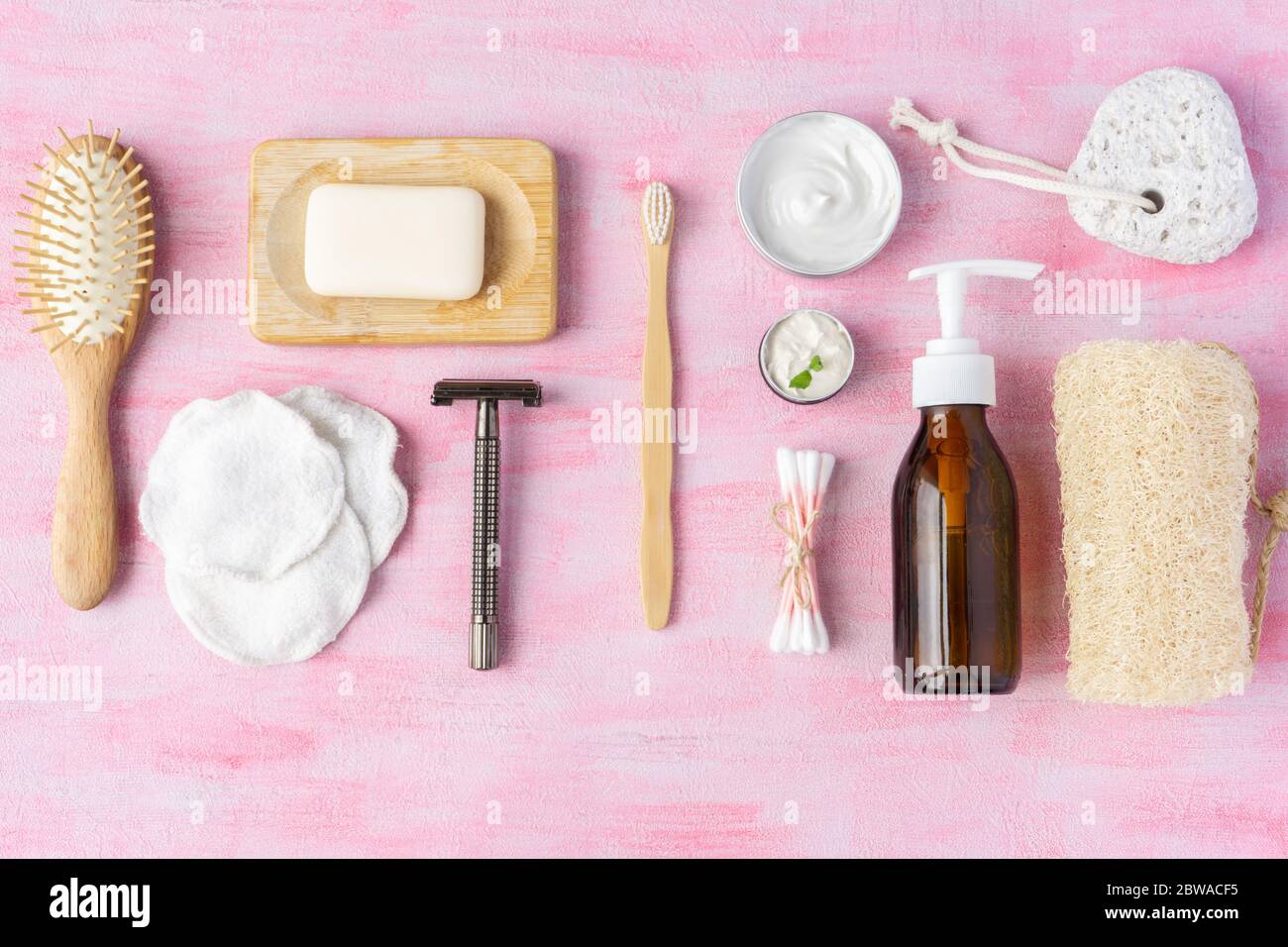Zéro déchet accessoires de salle de bain. Vue de dessus, disposition Banque D'Images
