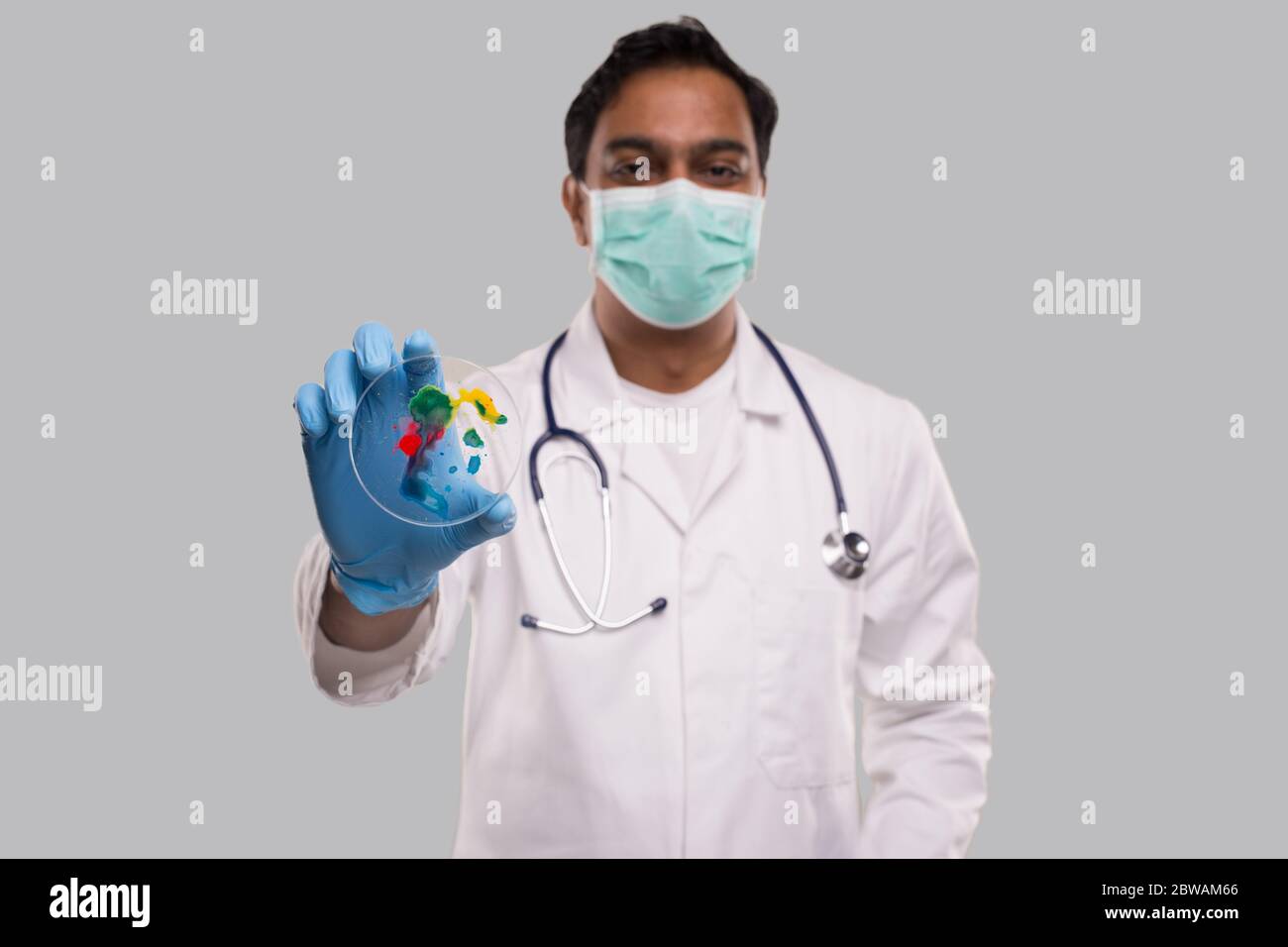 Médecin tenant une boîte de Petri portant un masque médical et des gants isolés. Médecine, concept de la science Banque D'Images
