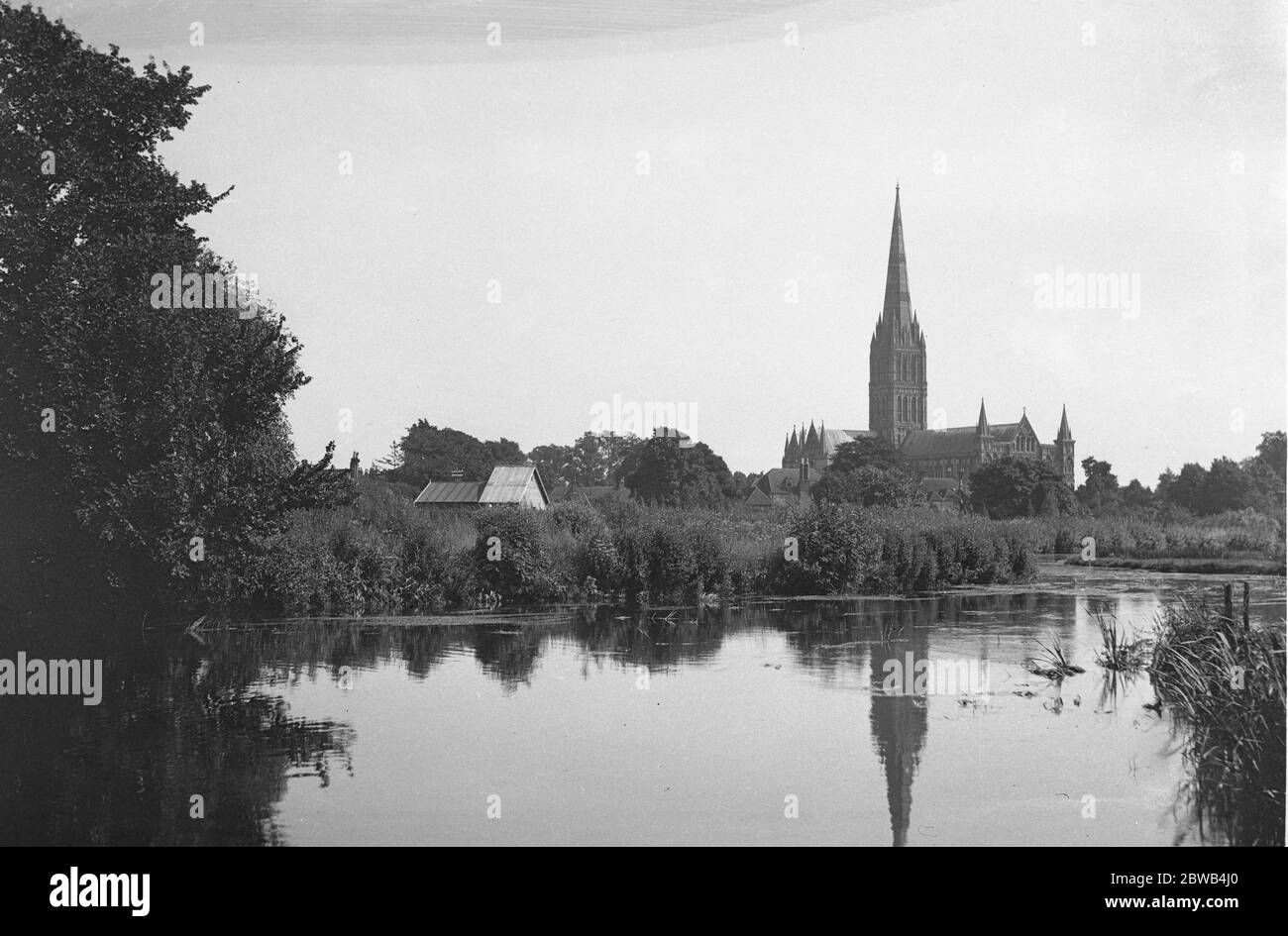 Vue sur la cathédrale de Salisbury de l'autre côté de la rivière. Banque D'Images