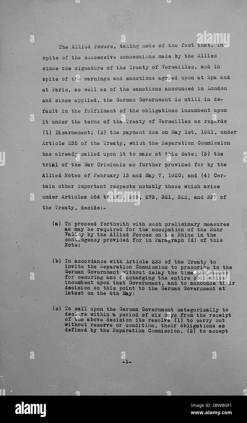 Ultimatum à Germai 5 mai 1921 Banque D'Images