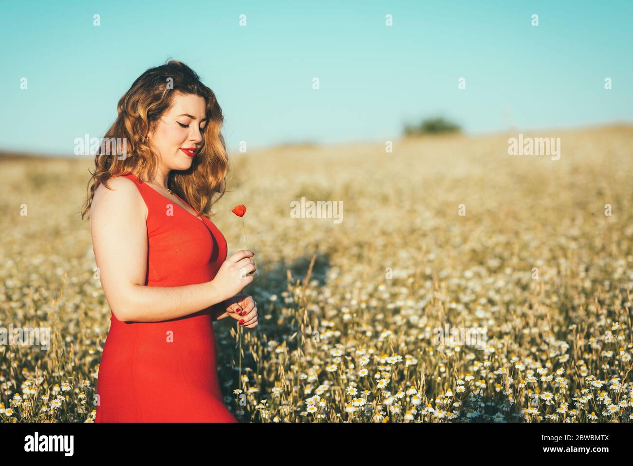 femme avec robe rouge et coquelicot à la main dans le champ. Banque D'Images