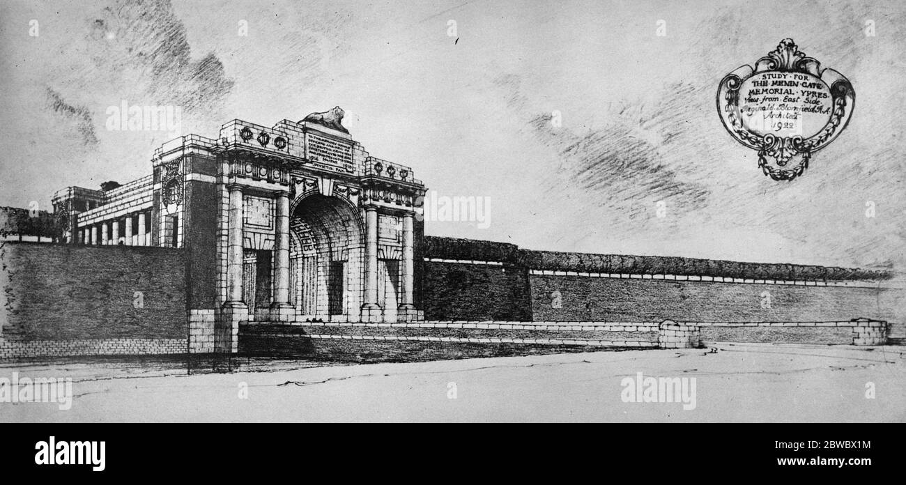 Arche commémorative géante à Ypres . 60 , 000 disparus qui n'ont pas de tombes connues le mémorial à la porte Menin , Ypres et sur elle sera inscrit en pierre les noms de 60 , 000 disparus Anglais , Écossais , Gallois , Irlandais , canadien , Australiens , Sud-Africains , Les Indiens et les colonels , qui sont tombés dans le Saillant des Ypres , mais n'ont pas de tombes connues . 11 mars 1926 Banque D'Images