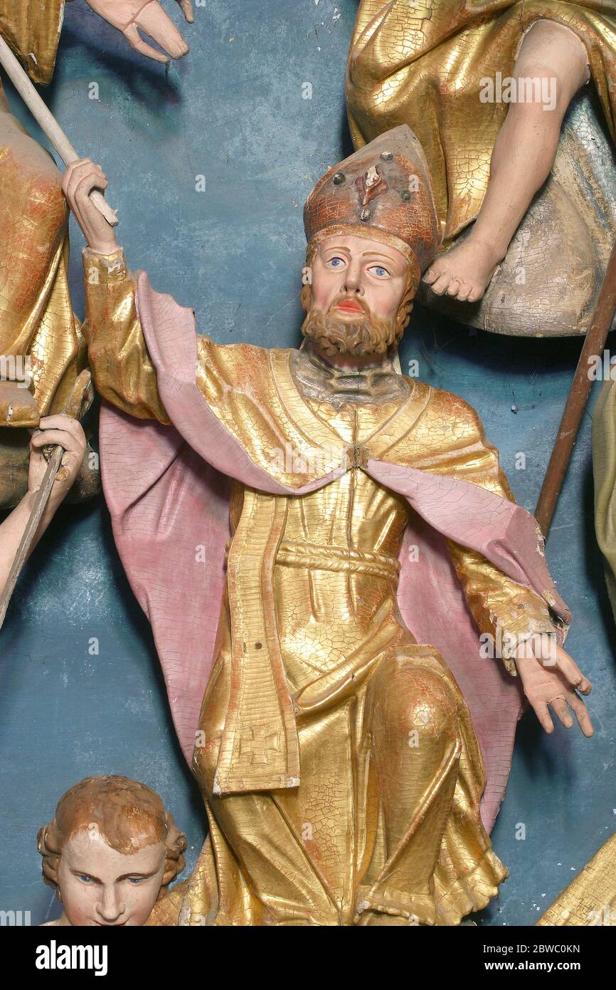 Statue de Saint Blaise sur l'autel de quatorze saints aileurs dans l'église notre-Dame de Jérusalem à Trski Vrh à Krapina, Croatie Banque D'Images