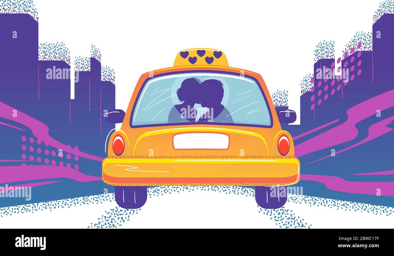 Taxi avec couple dans le style de dessin animé. J'adore le taxi sur fond plat. Illustration romantique de la cabine sur route. Carte postale de la Saint-Valentin. Affiche mauve avec voiture jaune dans la rue. Carte urbaine. Illustration de Vecteur