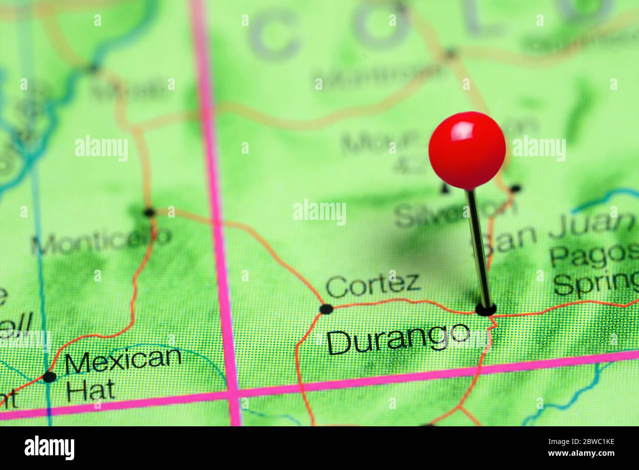 Durango a épinglé sur une carte du Colorado, Etats-Unis Banque D'Images